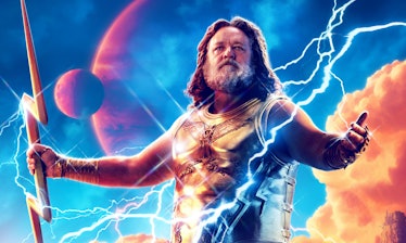 Russell Crowe poses as Zeus on a poster for Thor: Love and Thunder