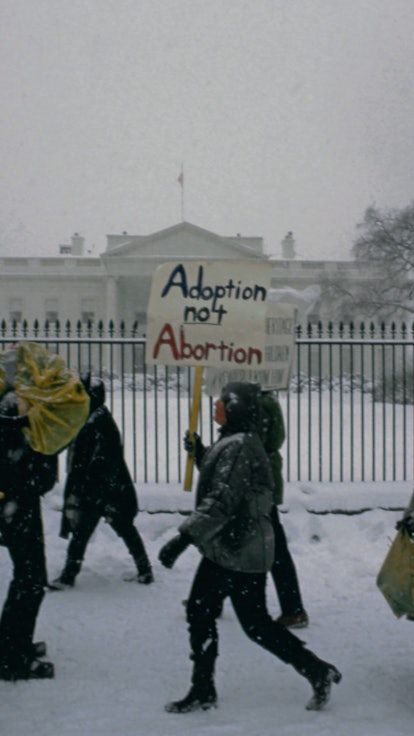 View of anti-abortion demonstrators, in a snowstorm outside the White House, during the annual March...