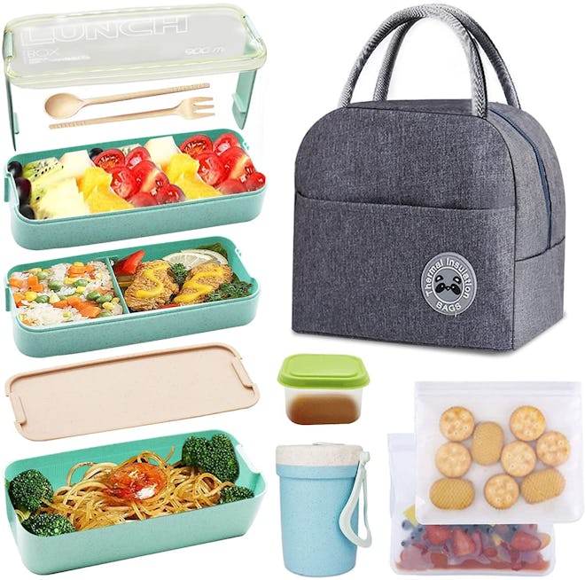 These bento meal prep containers are stackable for easy portability.