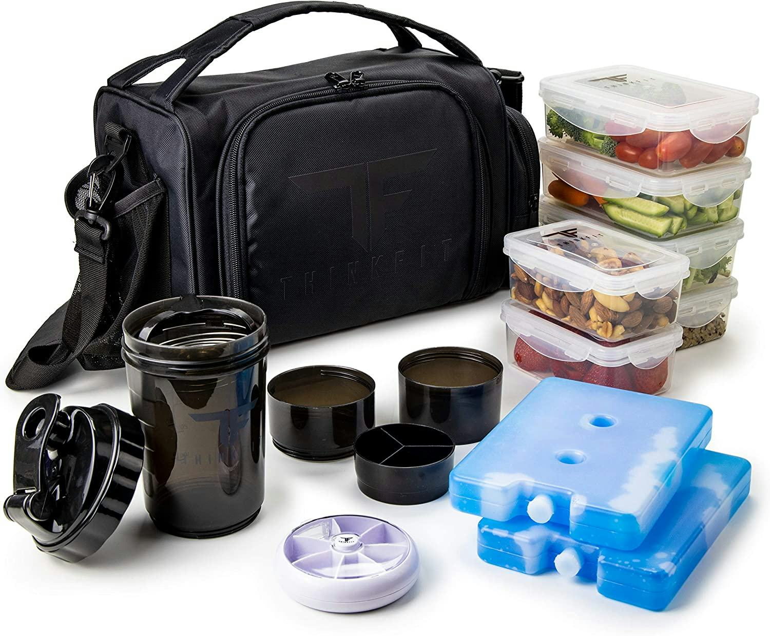 This all-in-one meal prep lunch box comes with containers, a tumbler, pill organizer, and ice packs.