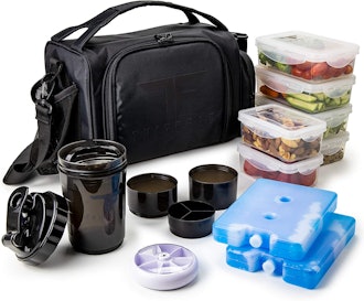 This all-in-one meal prep lunch box comes with containers, a tumbler, pill organizer, and ice packs.