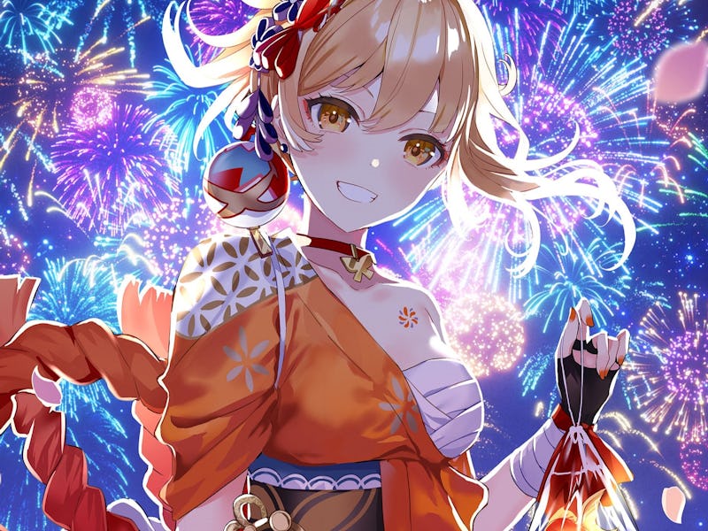 yoimiya smiling with fireworks in the background