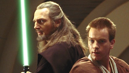 Liam Neeson as Qui-Gon Jinn and Ewan McGregor as Obi-Wan Kenobi in Star Wars: The Phantom Menace.