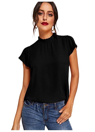 Romwe Elegant Short Sleeve Mock Neck  Blouse