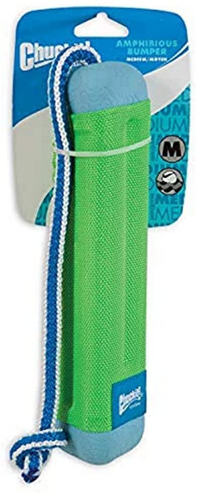 green and blue chuckit floating fetch toy