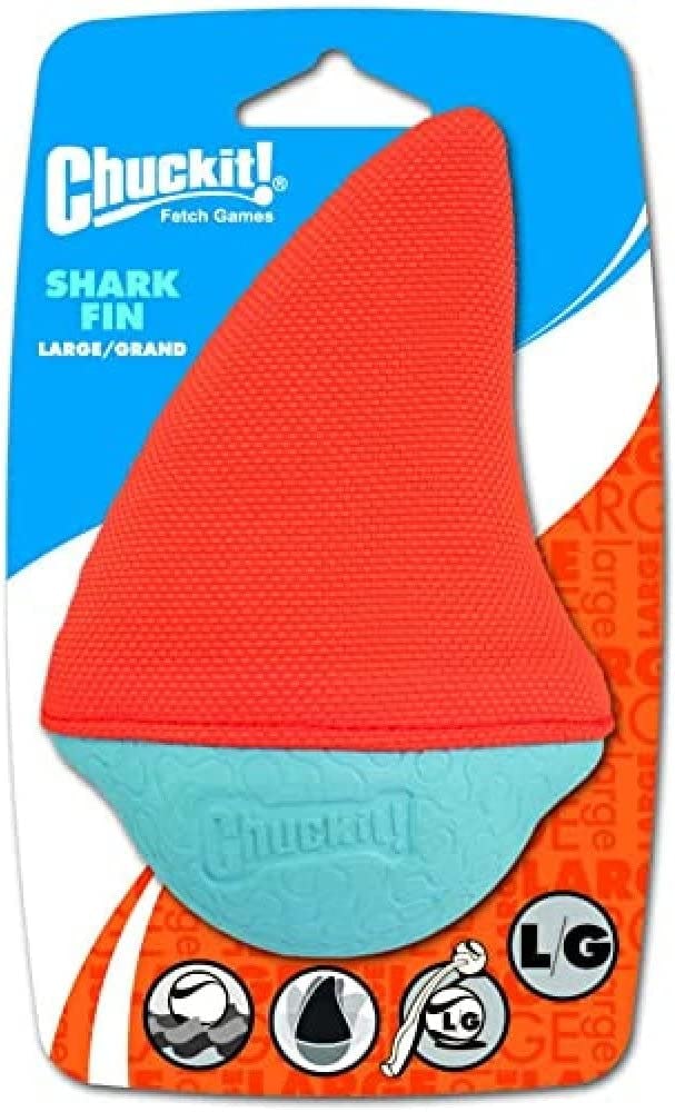 orange and blue chuckit shark fin toy