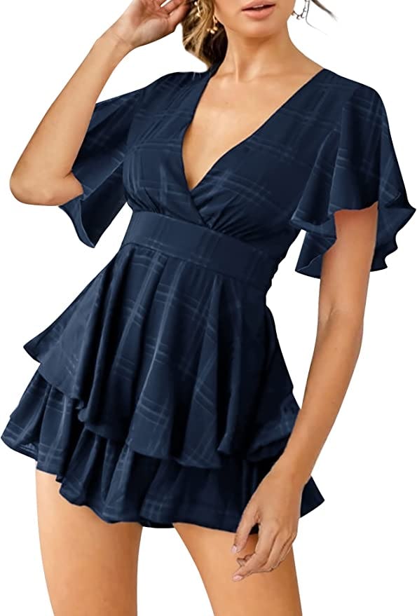 Relipop V Neck Ruffle Hem Romper
