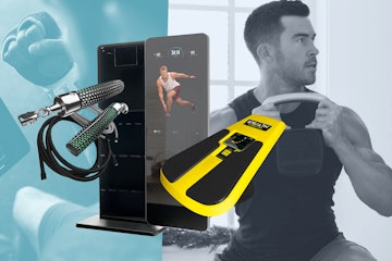 Collage of a man working out with a kettle bell and photos of a core trainer, weighted jump ropes, a...