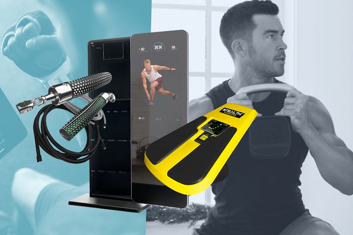 Collage of a man working out with a kettle bell and photos of a core trainer, weighted jump ropes, a...