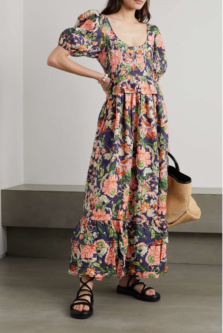 Viola Shirred Tiered Floral-Print Linen Peplum Midi Dress