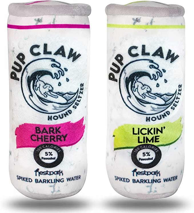 two pup claw toys next to each other, bark cherry on the left and licking lime on the right