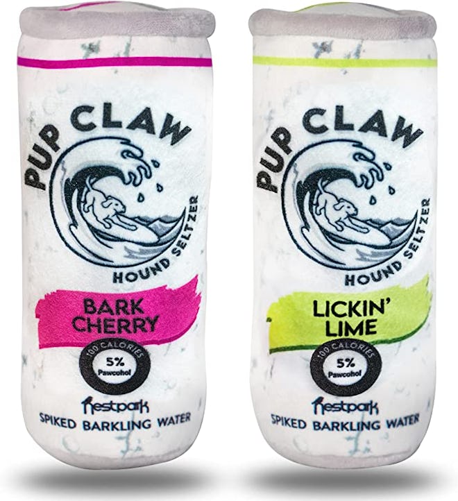 two pup claw toys next to each other, bark cherry on the left and licking lime on the right