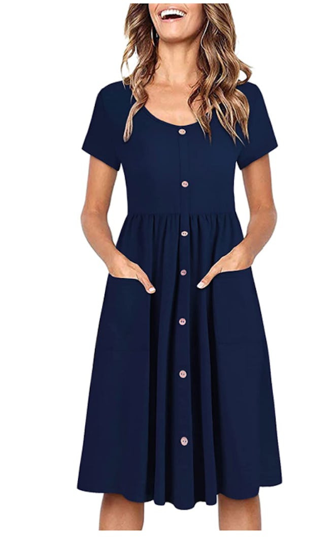 OUGES Button Down Skater Dress with Pockets