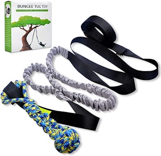 LOOBANI bungee tug for dogs in gray, black, and multicolored blue and green
