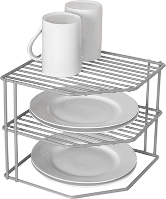 3-tier shelf rack with plates and mugs atop each level