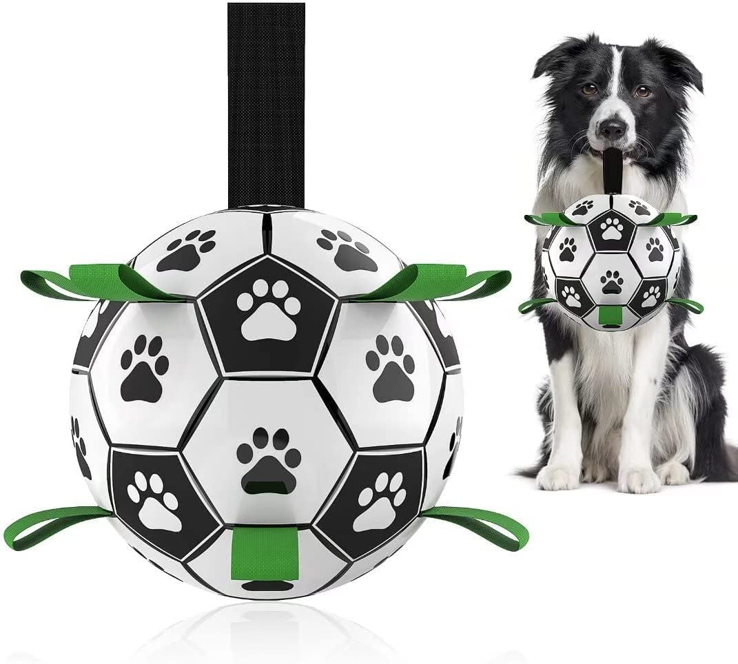 dog holding the QDAN soccer ball dog toy by a grab tab