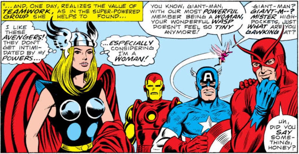 The other Avengers admire Thordis’ breastplates.