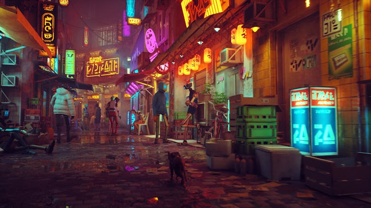 A screenshot of a city in the game Stray