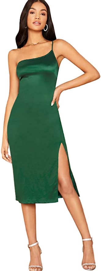 Romwe One Shoulder Satin Midi Dress