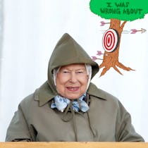 I was wrong logo next to Queen Elizabeth smiling in a rain coat.