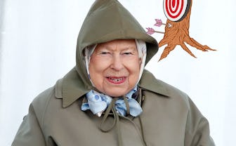 I was wrong logo next to Queen Elizabeth smiling in a rain coat.