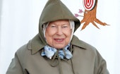 I was wrong logo next to Queen Elizabeth smiling in a rain coat.