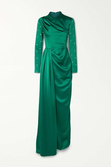 Crystal-embellished draped satin gown