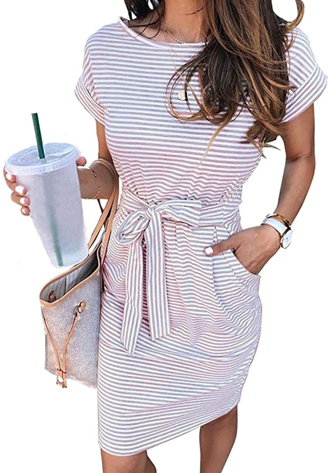 MEROKEETY Tie Waist T Shirt Dress