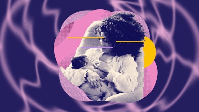 A purple-pink collage of a mother breastfeeding her child