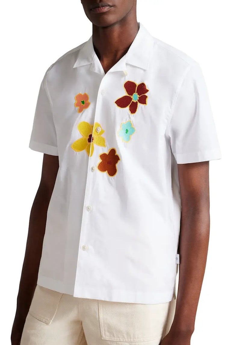 Ted Baker Walmond Floral Appliqué Short Sleeve Cotton Button-Up Camp Shirt