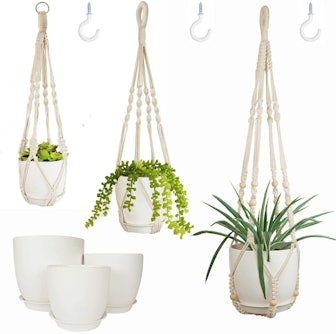 Bouqlife Macrame Plant Hangers with Pots (Set of 3) 