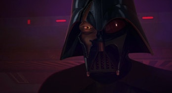 Darth Vader looks at Ahsoka Tano through his broken mask in the Season 2 finale of Star Wars Rebels