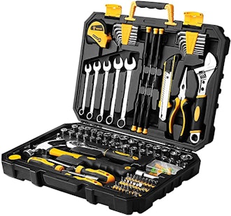 DEKOPRO 158-piece tool set in black, silver, and yellow