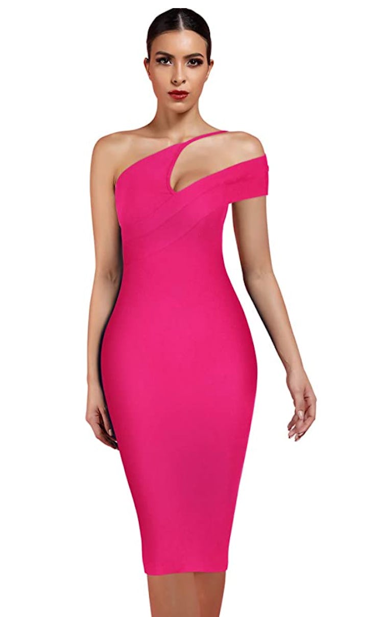 UONBOX Women's Cut Out One Shoulder dress in hot pink for wedding guests available on Amazon. 
