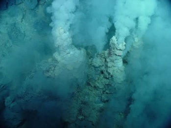 This photo shows white smoke erupting from a deep-sea hydrothermal vent.