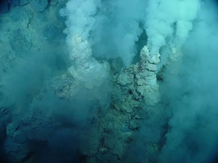 This photo shows white smoke erupting from a deep-sea hydrothermal vent.