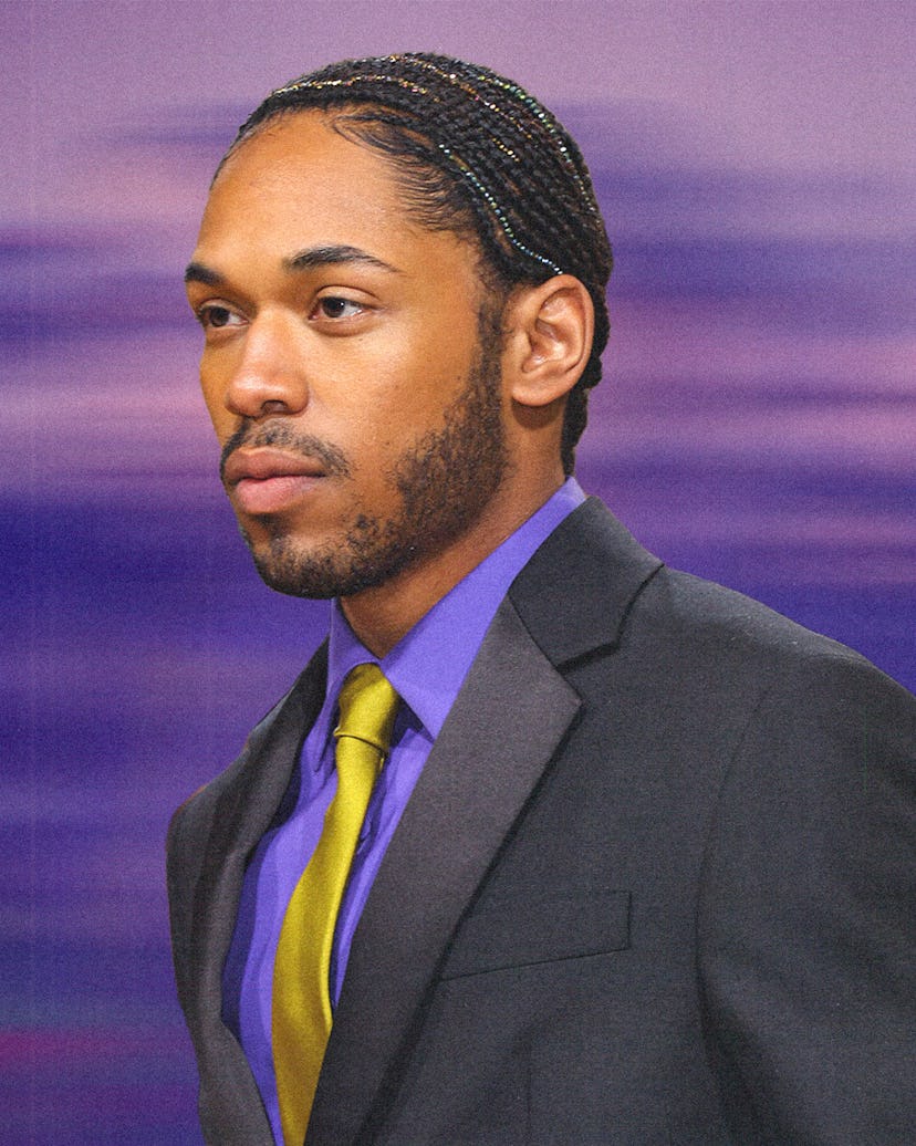 A portrait of Kelvin at the MET Gala, wearing a suit and with his hair covered in crystals.