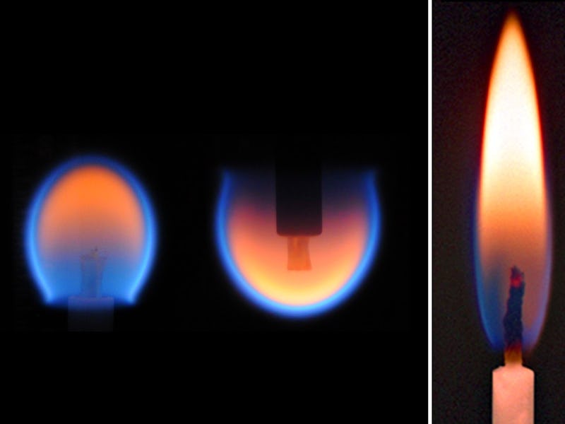 Flames lit on the space station with a candle for comparison on the right
