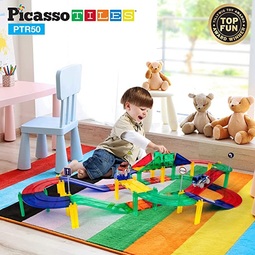 PicassoTiles 50 Piece Race Car Track Set