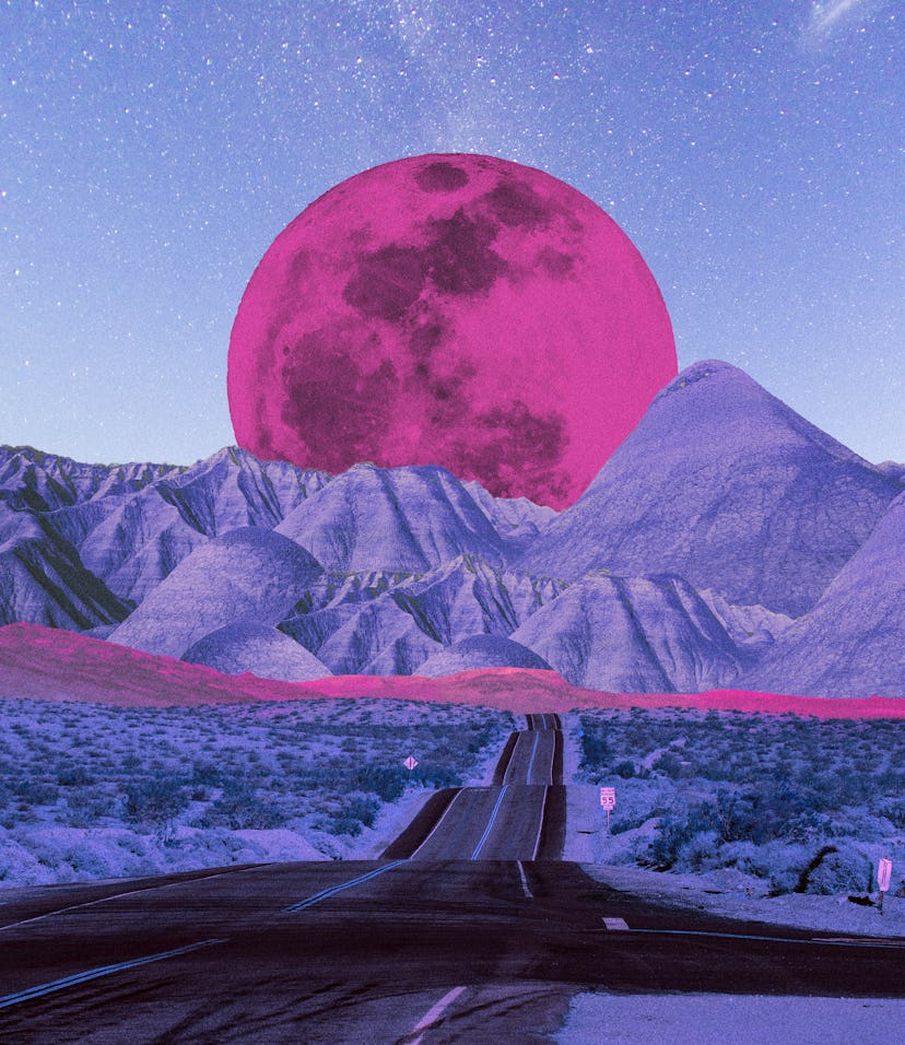 A pink moon behind purple mountains ahead of July 2022's retrograde planets.