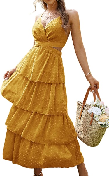 A yellow, tiered dress for wedding guests from Amazon.