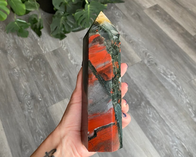Hand holding a large bloodstone crystal tower over a grey wood floor and house plant. This is a prot...