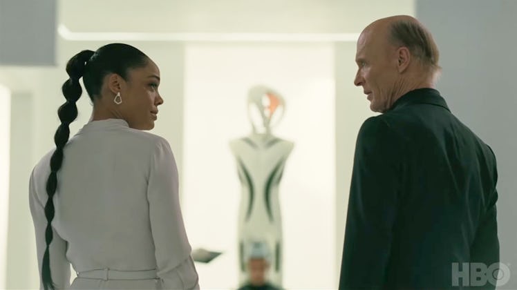 Tessa Thompson's Chalores and Ed Harris as the Man in Black in HBO Max's Westworld