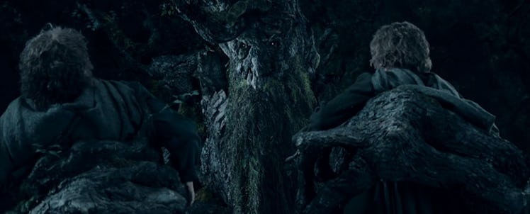 Pippin holds onto Treebeard's face in The Lord of the Rings: The Two Towers