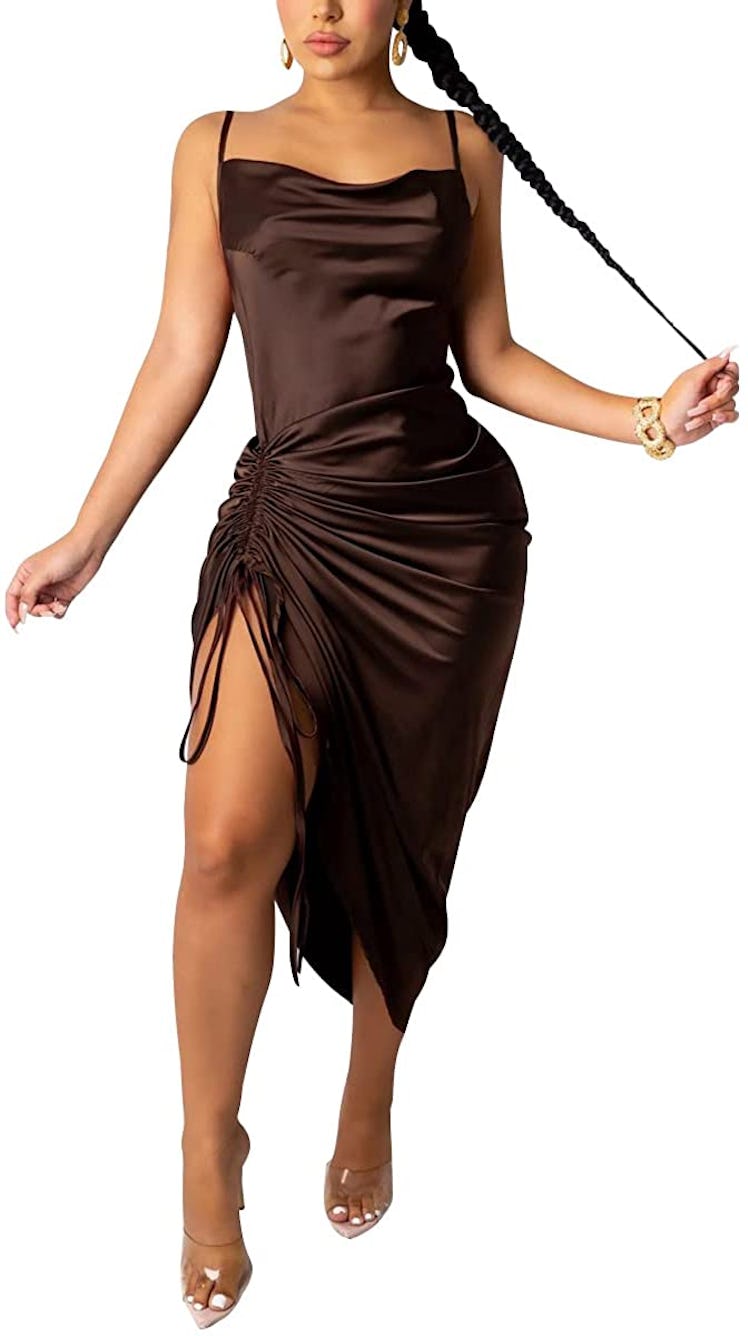 A brown, satin dress for wedding guests from Amazon.
