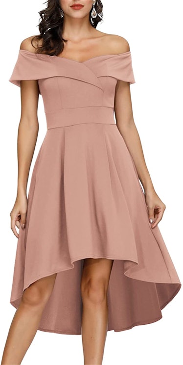 A neutral, high-low gown fro Amazon perfect for wearing to weddings.