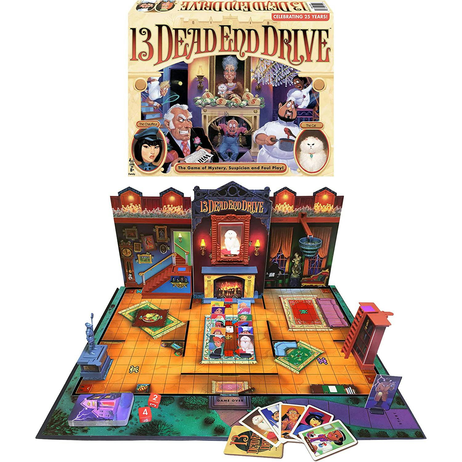 13 Dead End Drive is a 90s board game with a murder mystery theme.
