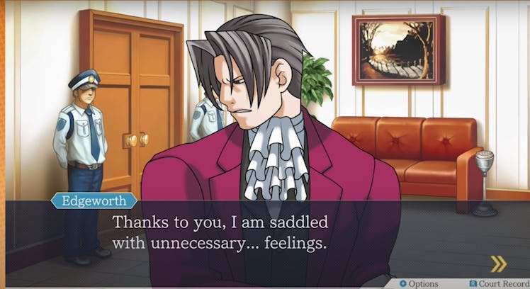 Edgeworth and Wright talking in a waiting room in the 4th episode of the series called “Turnabout Go...