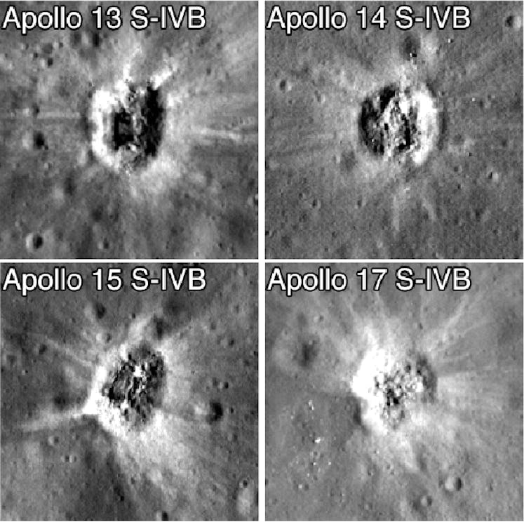 4 black and white photos of impact craters on the lunar surface
