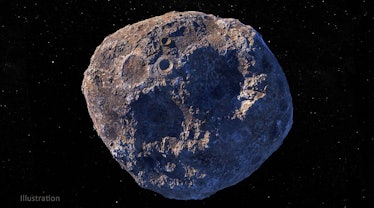 An illustration of asteroid 12 Psyche. The round space rock is illuminated from the left. 